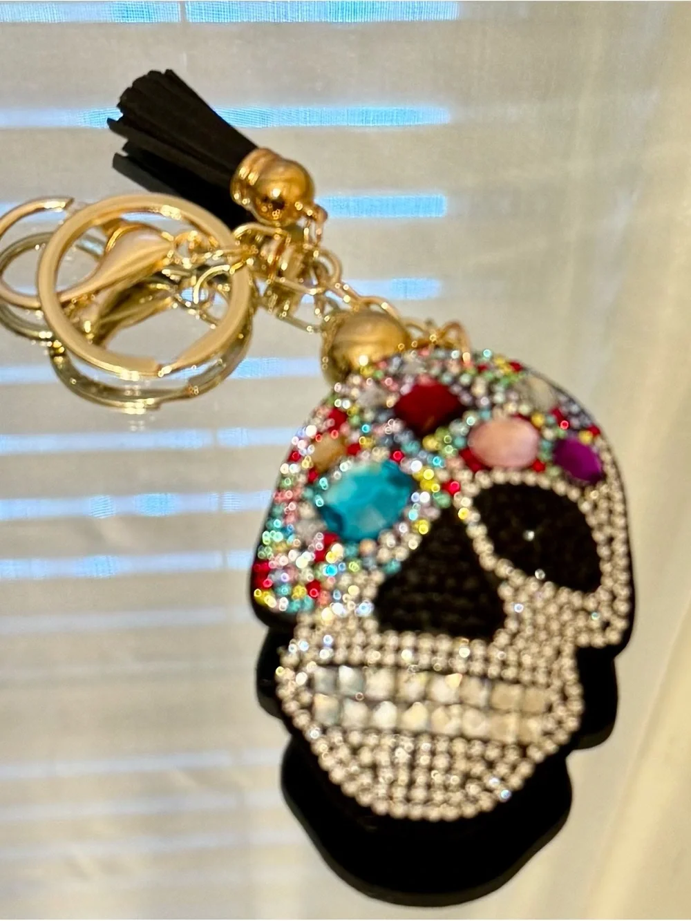 New Multi Color Beaded Crystal Skull Gem Keychain with Gold Hardware